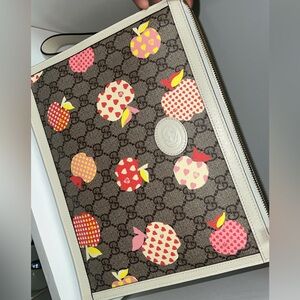 Gucci Apple Print GG Canvas Clutch Bag Cream Leather Trim Large Pouch Authentic